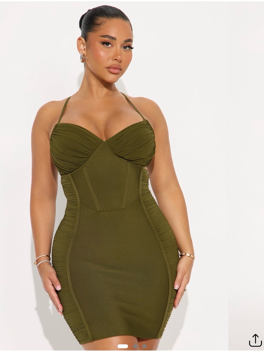 Fashion Nova Olive Green Halter Ruched Bodycon Mini Dress